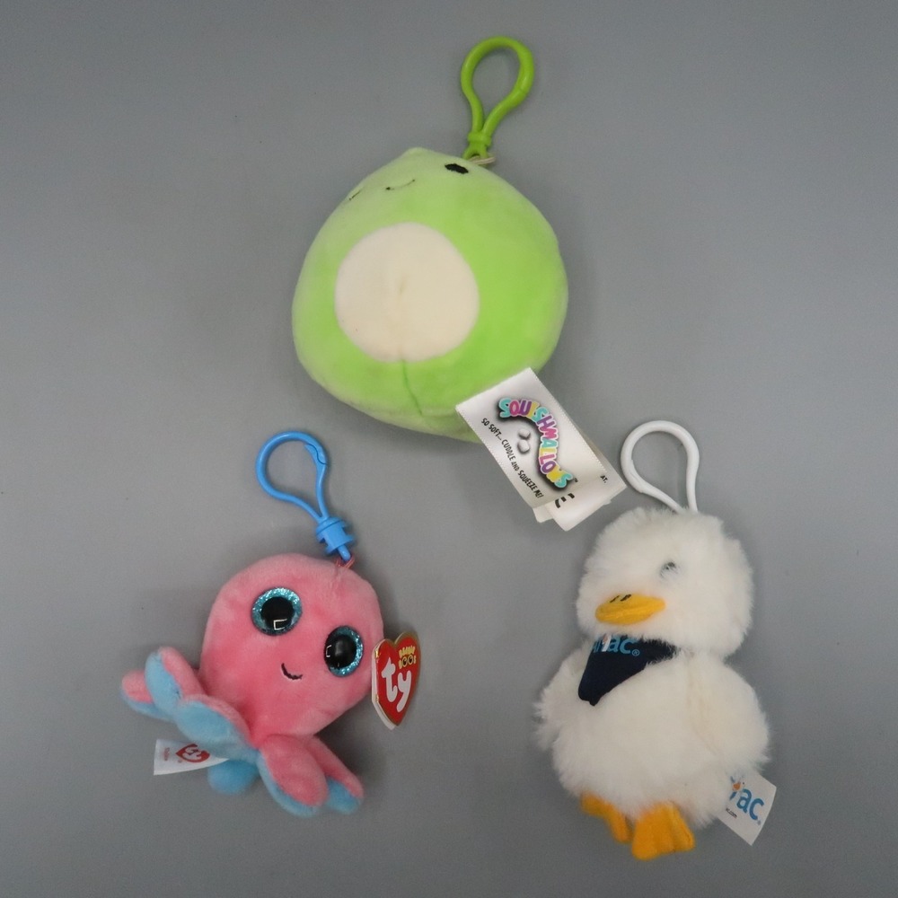 Ty Sheldon the Octopus, Aflac Duck, Squishmallow Danny Dinosaur Clip Lot hangers